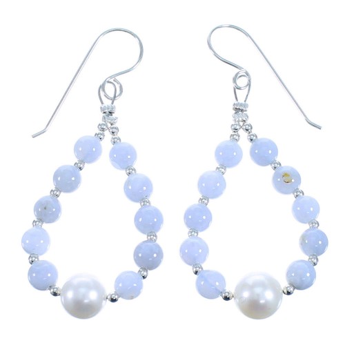 Blue Lace Agate Fresh Water Pearl Sterling Silver Bead Hook Dangle Earrings SX114896