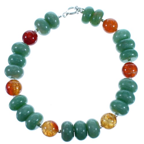 Aventurine And Fire Agate Sterling Silver Bead Bracelet SX114985