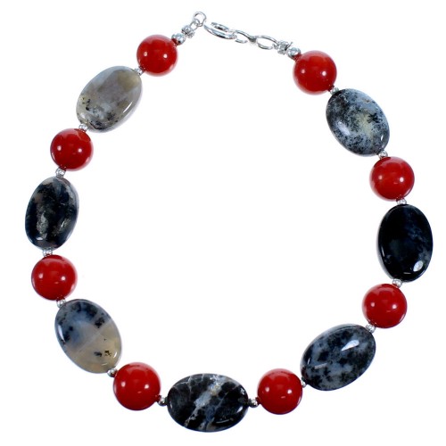 Coral And Jasper Sterling Silver Bead Bracelet SX114971