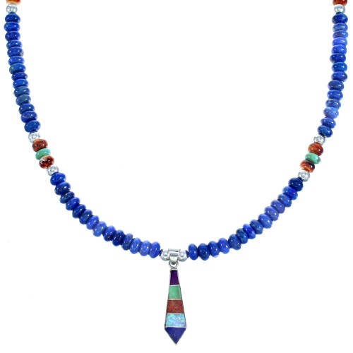 Southwest Sterling Silver Multicolor Bead Necklace And Pendant Set SX115044