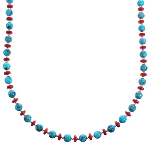 Genuine Sterling Silver Southwestern Turquoise And Coral Bead Necklace SX115070