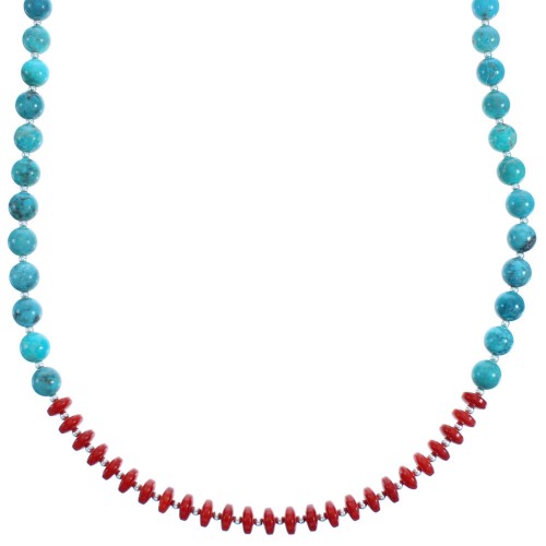 Southwestern Turquoise And Coral Sterling Silver Bead Necklace SX115072