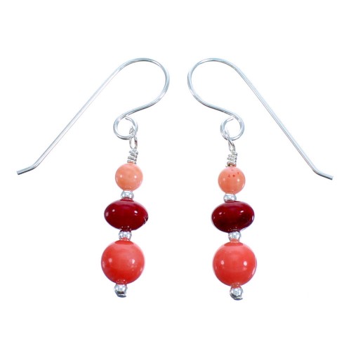 Sterling Silver Red And Pink Coral Bead Hook Dangle Earrings SX115096