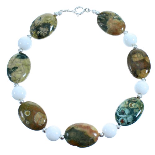 White Agate Rhyolite Authentic Sterling Silver Bead Bracelet RX115105