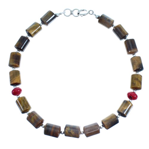 Tiger Eye Coral Genuine Sterling Silver Bead Bracelet RX115108