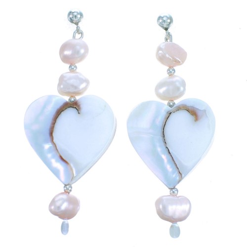 Sterling Silver Fresh Water Pearl And Mother of Pearl Heart Post Dangle Earrings SX115168