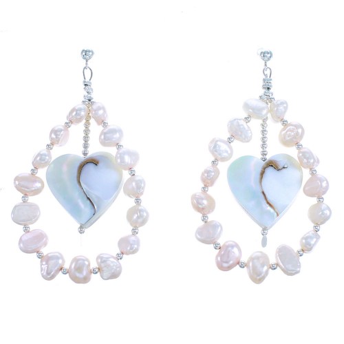 Fresh Water Pearl And Mother of Pearl Heart Post Dangle Sterling Silver Earrings SX115169