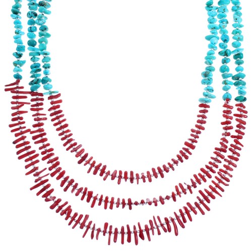 Sterling Silver 3-Strand Turquoise And Coral Bead Necklace SX115151