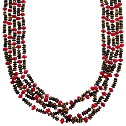 Tiger Eye And Coral 5-Strand Sterling Silver Bead Necklace SX115152