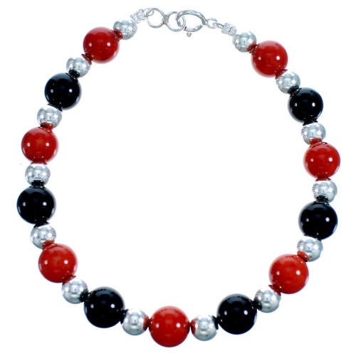 Coral And Onyx Sterling Silver Bead Bracelet SX115162