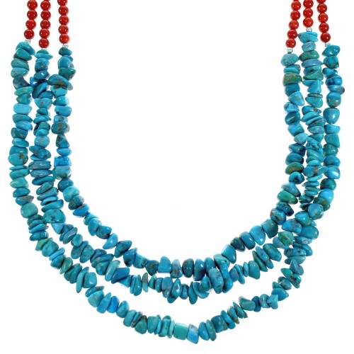 Southwest Turquoise Coral Sterling Silver 3-Strand Bead Necklace RX115204