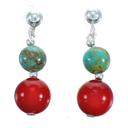 Authentic Sterling Silver Turquoise And Coral Bead Post Dangle Earrings RX115185