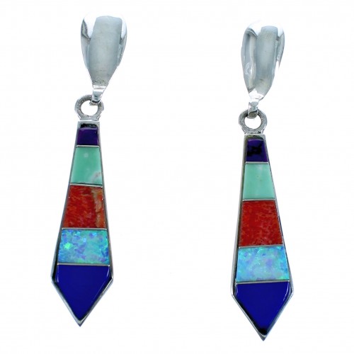 Southwestern Sterling Silver Multicolor Inlay Post Dangle Earrings RX115192