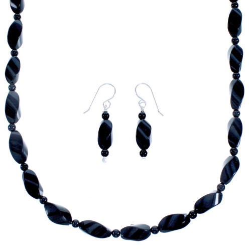 Southwest Onyx Sterling Silver Bead Necklace And Earrings Set SX115330