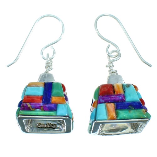 Southwest Multicolor Inlay Sterling Silver Hook Dangle Earrings SX115343