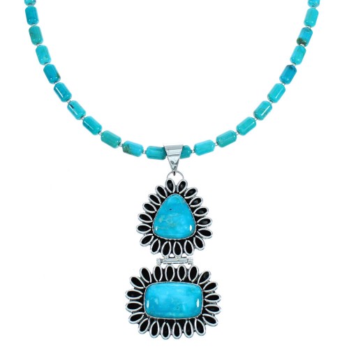 Sterling Silver And Turquoise Navajo Bead Necklace And Pendant Set SX115644