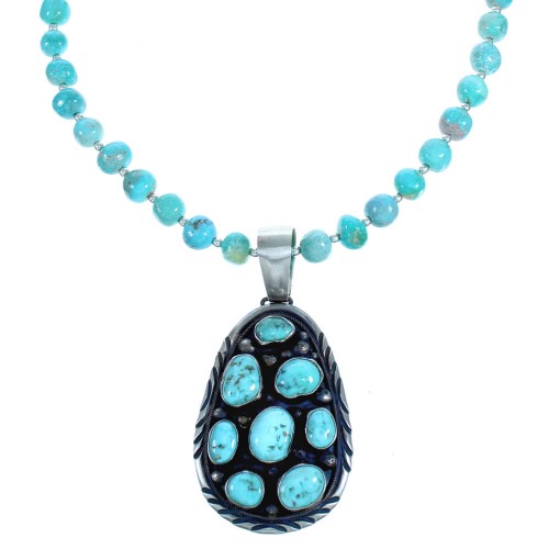 Turquoise Navajo Sterling Silver Bead Necklace And Pendant Set SX115645