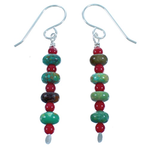 Authentic Sterling Silver Turquoise And Coral Hook Dangle Bead Earrings RX115660