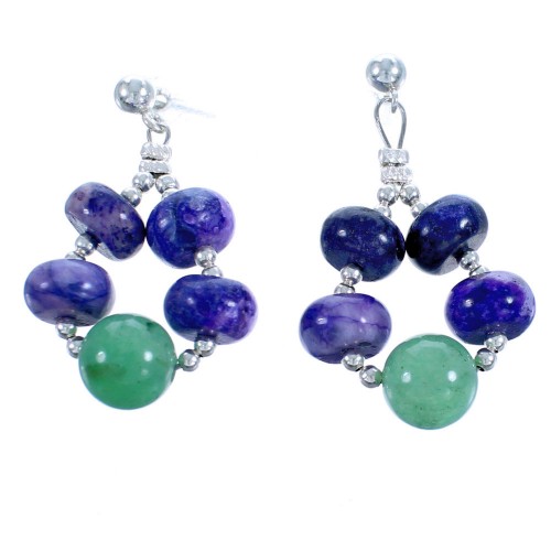 Sterling Silver Aventurine And Charoite Post Dangle Bead Earrings RX115654