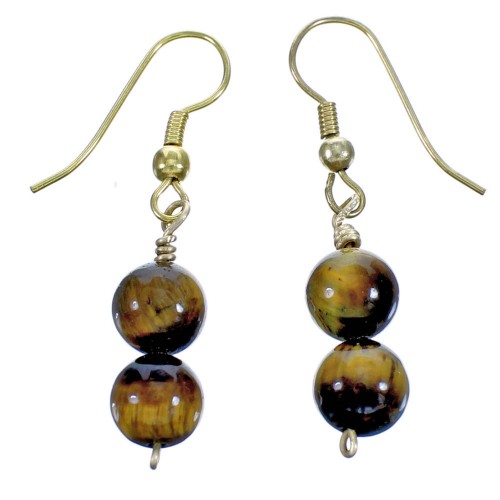 Tiger Eye Gold Plated Hook Dangle Bead Earrings RX115667