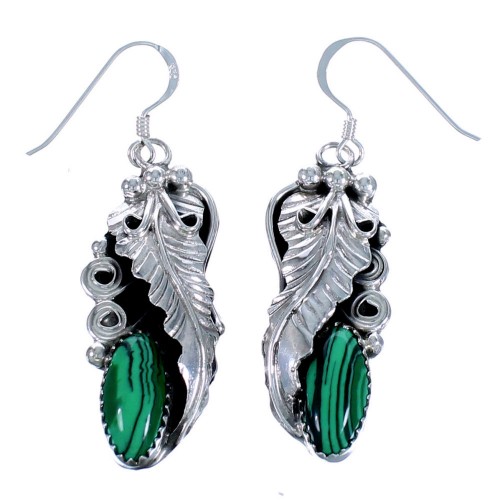 Sterling Silver Malachite Leaf Navajo Hook Dangle Earrings SX115557