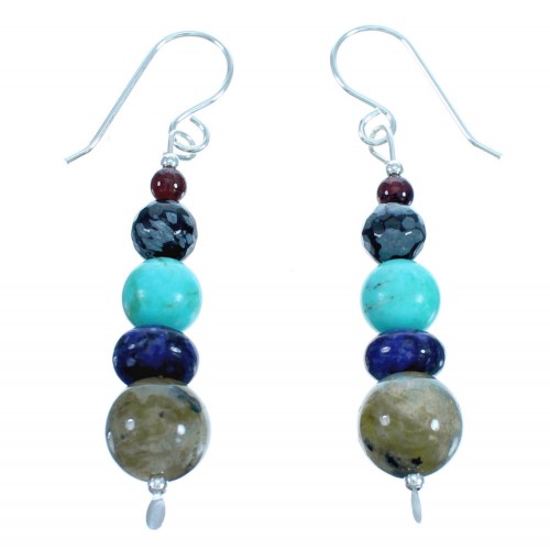 Southwest Multicolor Sterling Silver Treasure Bead Hook Dangle Earrings DX115580