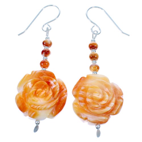 Southwest Oyster Shell Flower Sterling Silver Bead Hook Dangle Earrings DX115583