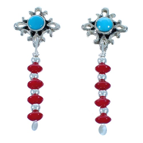Southwest Turquoise and Coral Sterling Silver Post Dangle Earrings DX115592
