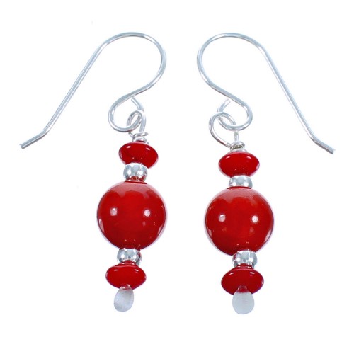 Genuine Sterling Silver And Coral Bead Hook Dangle Earrings DX115599