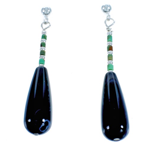 Southwestern Sterling Silver Santo Domingo Turquoise Snowflake Obsidian Post Dangle Bead Earrings DX115636