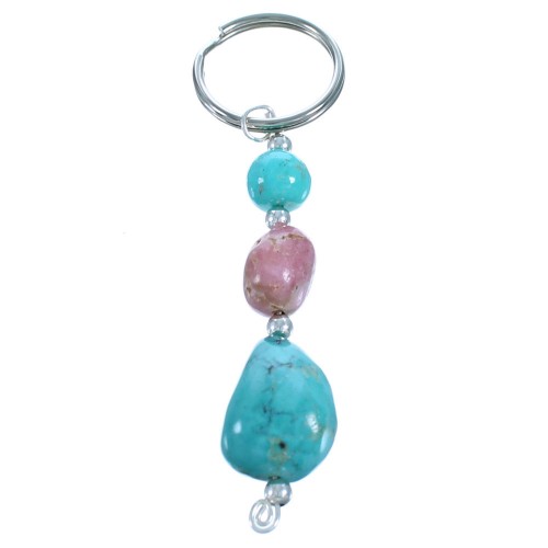 Southwest Turquoise Rhodochrosite Bead Sterling Silver Key Chain DX115754