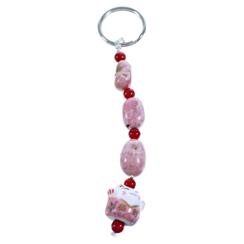 Genuine Coral Rhodochrosite Cat Sterling Silver Key Chain DX115757