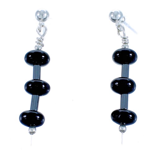 Authentic Sterling Silver Snowflake Obsidian and Hematite Bead Post Dangle Earrings DX115866