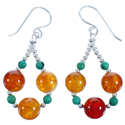 Authentic Sterling Silver Fire Agate Turquoise Bead Hook Dangle Earrings DX115870