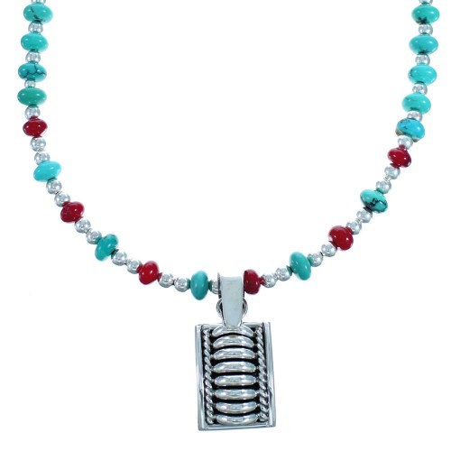 Coral And Turquoise Sterling Silver Navajo Bead Necklace BX115836