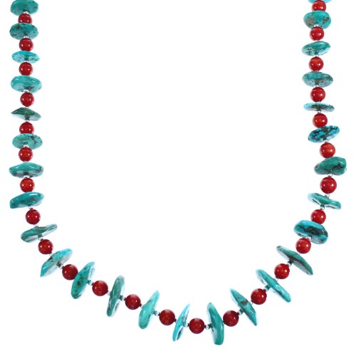 Southwestern Turquoise And Coral Sterling Silver Bead Necklace DX117032