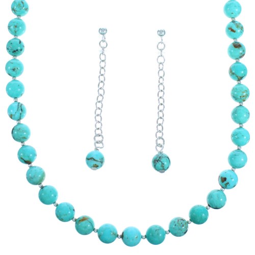 Turquoise Genuine Sterling Silver Bead Necklace and Earrings Set DX115898