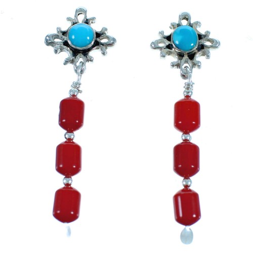 Southwest Sterling Silver Turquoise And Coral Post Dangle Earrings BX115894