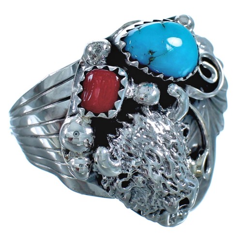 Sterling Silver Turquoise And Coral Navajo Buffalo Ring Size 9 BX117148