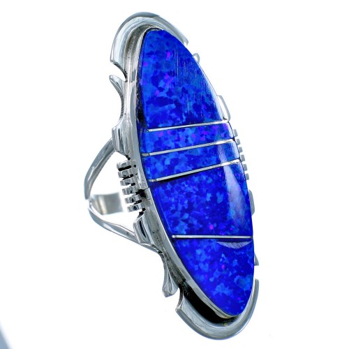 Native American Blue Opal Inlay Sterling Silver Ring Size 7 DX115940
