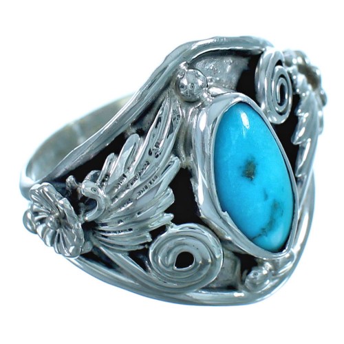 Turquoise Flower And Leaf Native American Sterling Silver Ring Size 8-1/4 DX116135