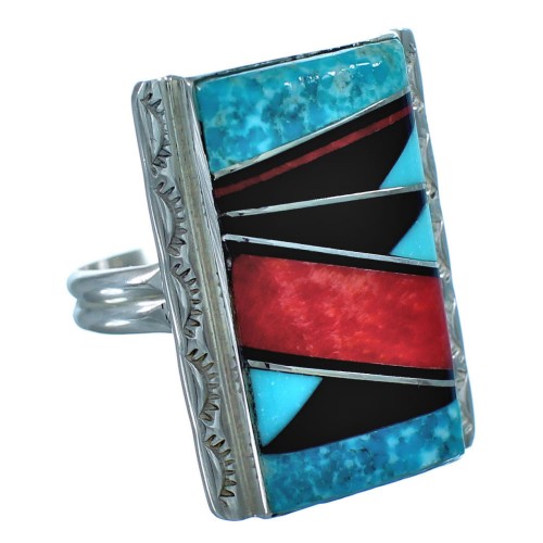 Native American Sterling Silver Multicolor Inlay Ring Size 8-3/4 DX116285