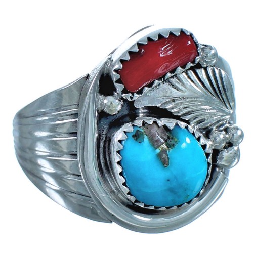 Turquoise And Coral Navajo Indian Sterling Silver Leaf Ring Size 12-1/2 BX115951