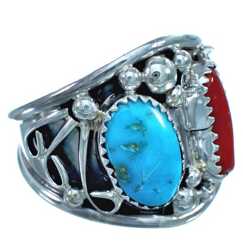 Navajo Turquoise And Coral Sterling Silver Ring Size 12-1/4 ZX116194