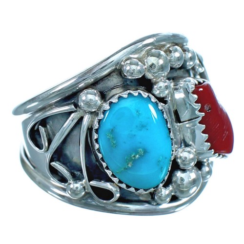 Native American Turquoise And Coral Sterling Silver Ring Size 12-1/4 ZX116196