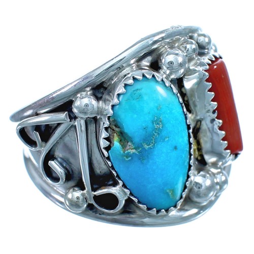 Navajo Turquoise And Coral Sterling Silver Ring Size 12 ZX116198