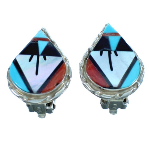 Sterling Silver Zuni Multicolor Inlay Tear Drop Clip Earrings ZX116325