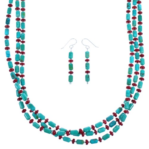 Turquoise Coral Sterling Silver 3-Strand Bead Necklace Earring Set BX116778