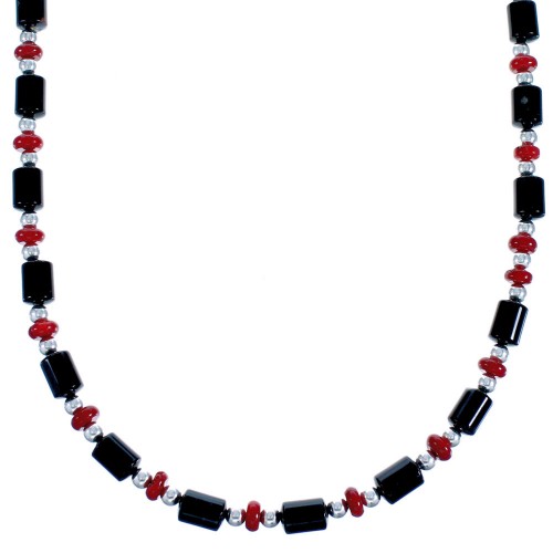 Onyx And Coral Navajo Sterling Silver Bead Necklace BX116784