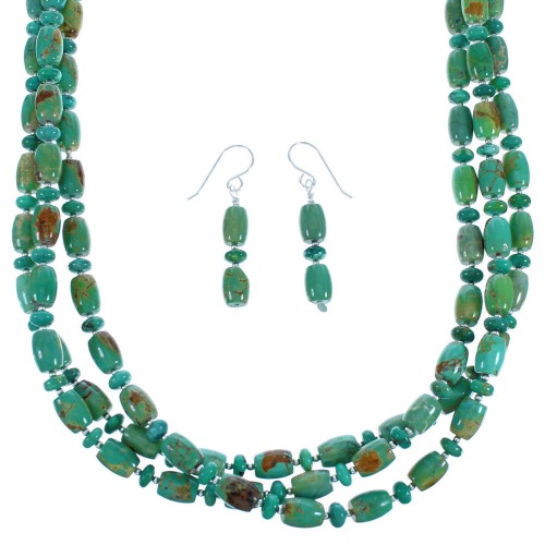 Turquoise Sterling Silver Navajo 3-Strand Bead Necklace Earring Set BX116789